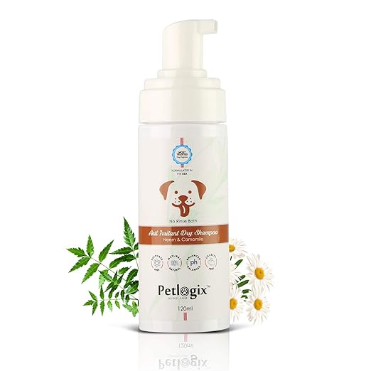 Petlogix Natural Anti Irritant, Anti Bacterial, Anti Fungal Dry Shampoo Enriched with Neem & Chamomile Waterless Coat Cleaning Pet Dog & Cat Mineral Oil, SLS & Paraben Free, 120g