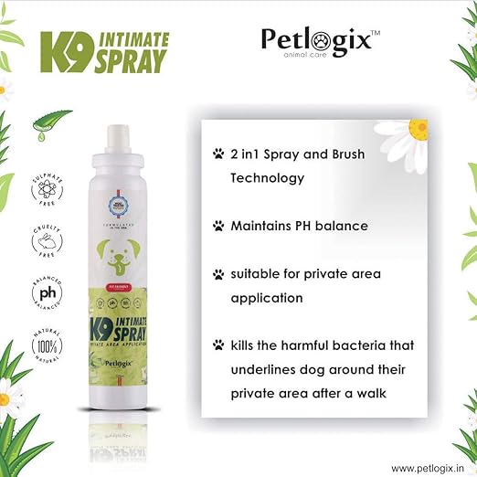 Petlogix Natural K9 Intimate Spray with Aloe Vera & Chamomile for Dogs Cats Anti Bacterial & Fungal for Private Area Application, 120ml