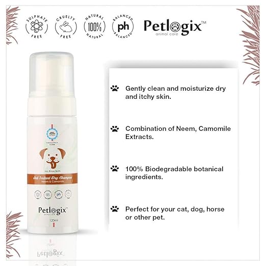 Petlogix Natural Anti Irritant, Anti Bacterial, Anti Fungal Dry Shampoo Enriched with Neem & Chamomile Waterless Coat Cleaning Pet Dog & Cat Mineral Oil, SLS & Paraben Free, 120g