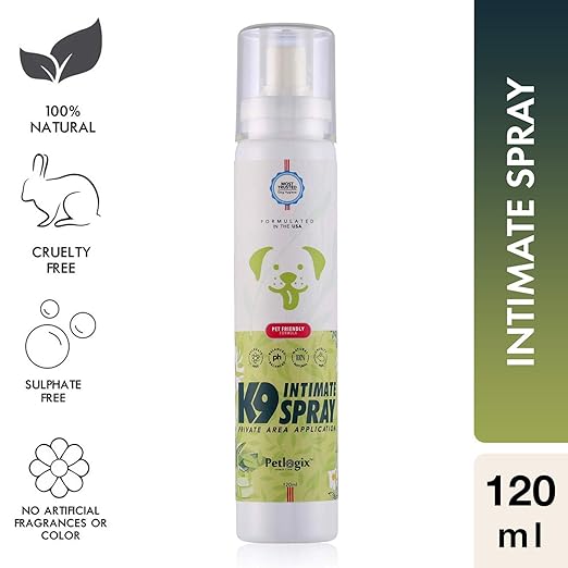 Petlogix Natural K9 Intimate Spray with Aloe Vera & Chamomile for Dogs Cats Anti Bacterial & Fungal for Private Area Application, 120ml