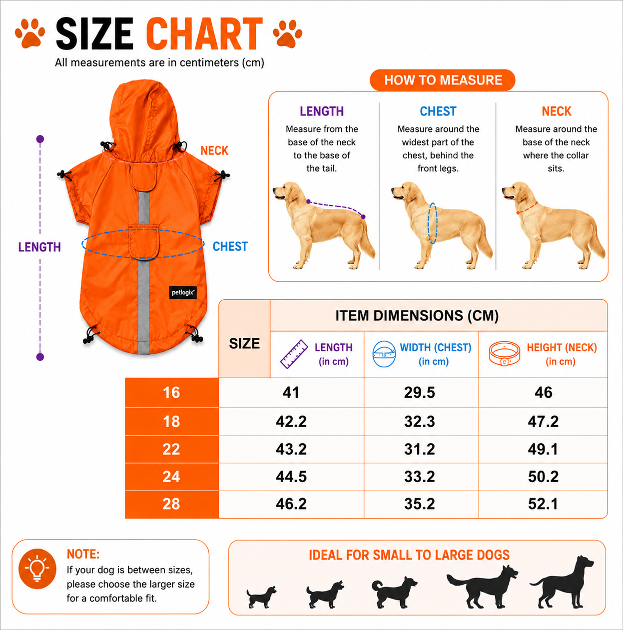 Petlogix Dog Raincoat Waterproof with Hood, Reflective Rain Jacket, Adjustable Drawstring, Lightweight Polyester Rainwear for Dogs, High Visibility, Orange Colour