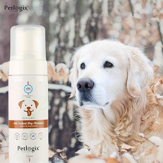 Petlogix Natural Anti Irritant, Anti Bacterial, Anti Fungal Dry Shampoo Enriched with Neem & Chamomile Waterless Coat Cleaning Pet Dog & Cat Mineral Oil, SLS & Paraben Free, 120g