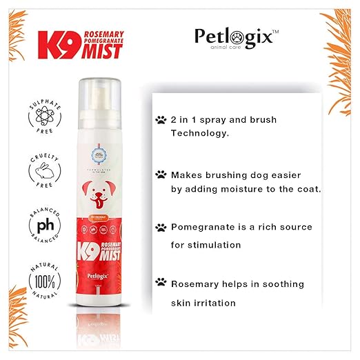 Petlogix Natural Rosemary & Pomegranate K9 Deodorant Mist Cleanser & Detangle Spray for Pet Dog, Puppies & Cat Mineral Oil, SLS & Paraben Free, 120ml