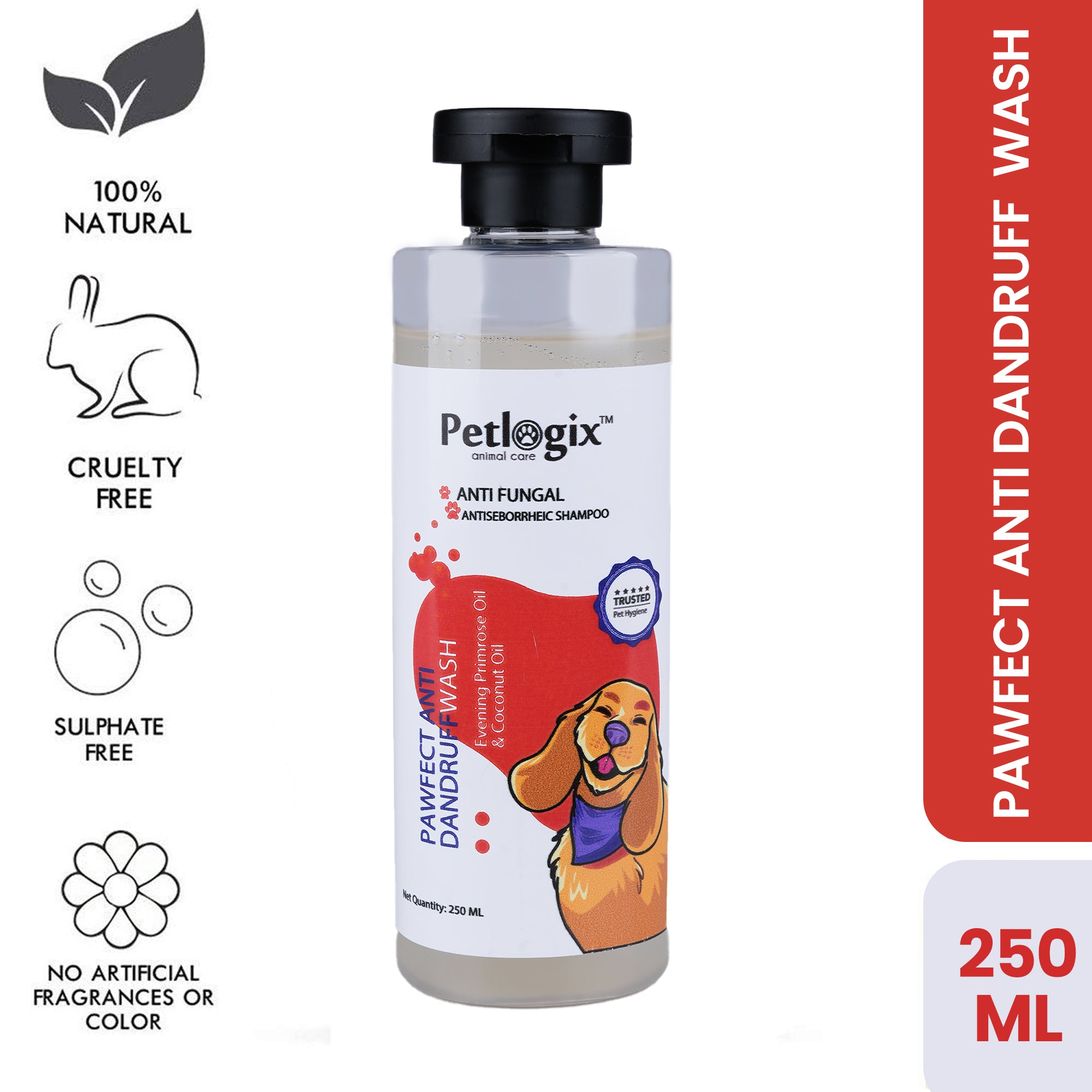 Petlogix Natural Anti Dandruff Shampoo for Dogs and Cats, Itching Control Pet Shampoo with Apple Cider & Oatmeal, SLS & Paraben Free, 250ml