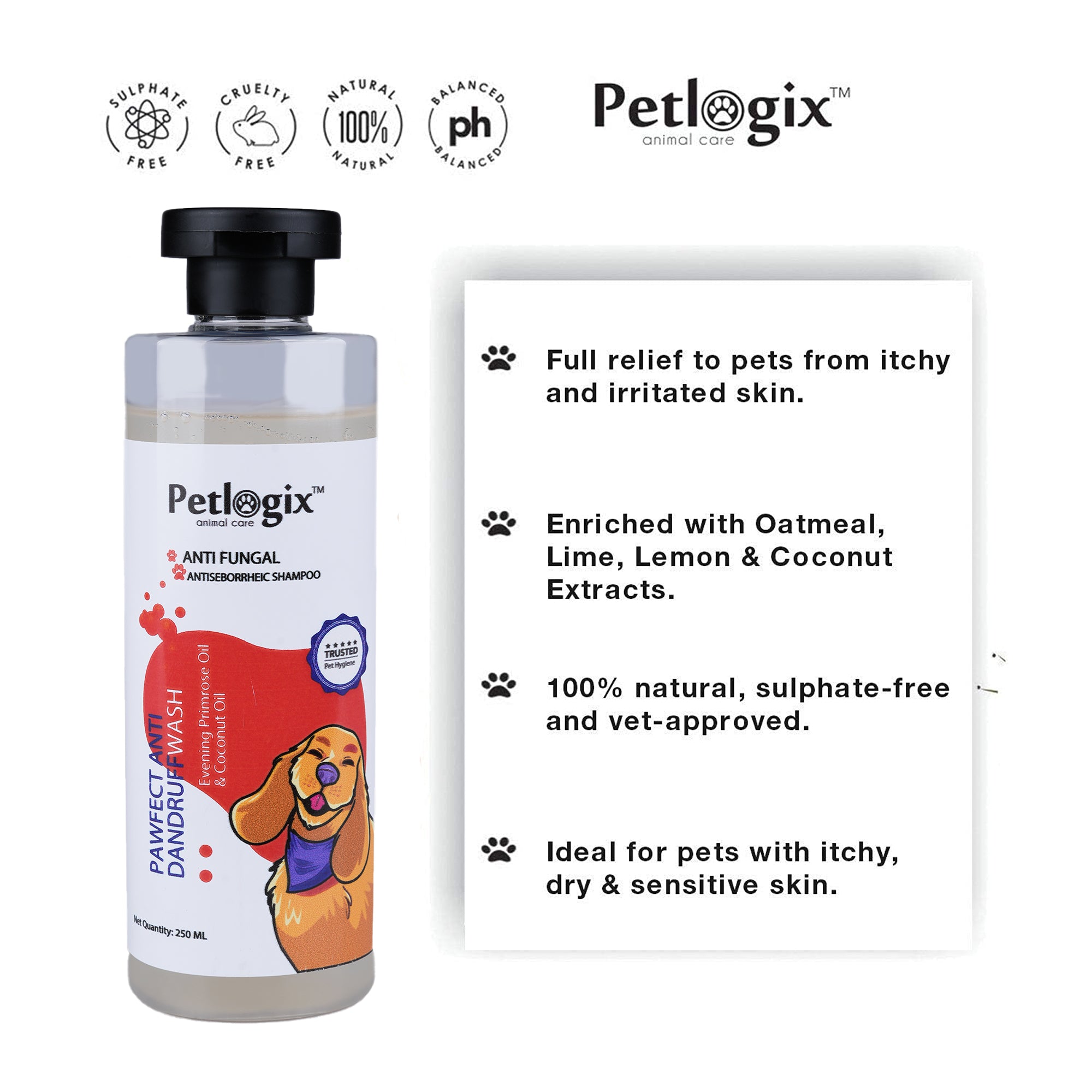 Petlogix Natural Anti Dandruff Shampoo for Dogs and Cats, Itching Control Pet Shampoo with Apple Cider & Oatmeal, SLS & Paraben Free, 250ml