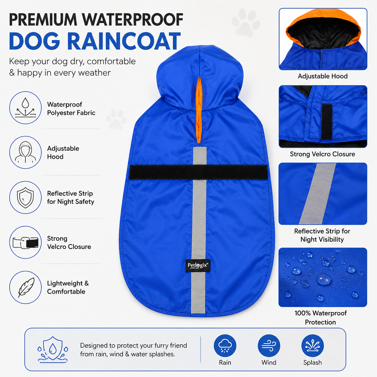 Petlogix Waterproof Dog Raincoat with Hood | Adjustable Belly Strap, Reflective, Lightweight, Windproof
