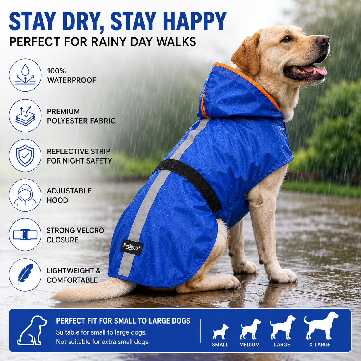 Petlogix Waterproof Dog Raincoat with Hood | Adjustable Belly Strap, Reflective, Lightweight, Windproof