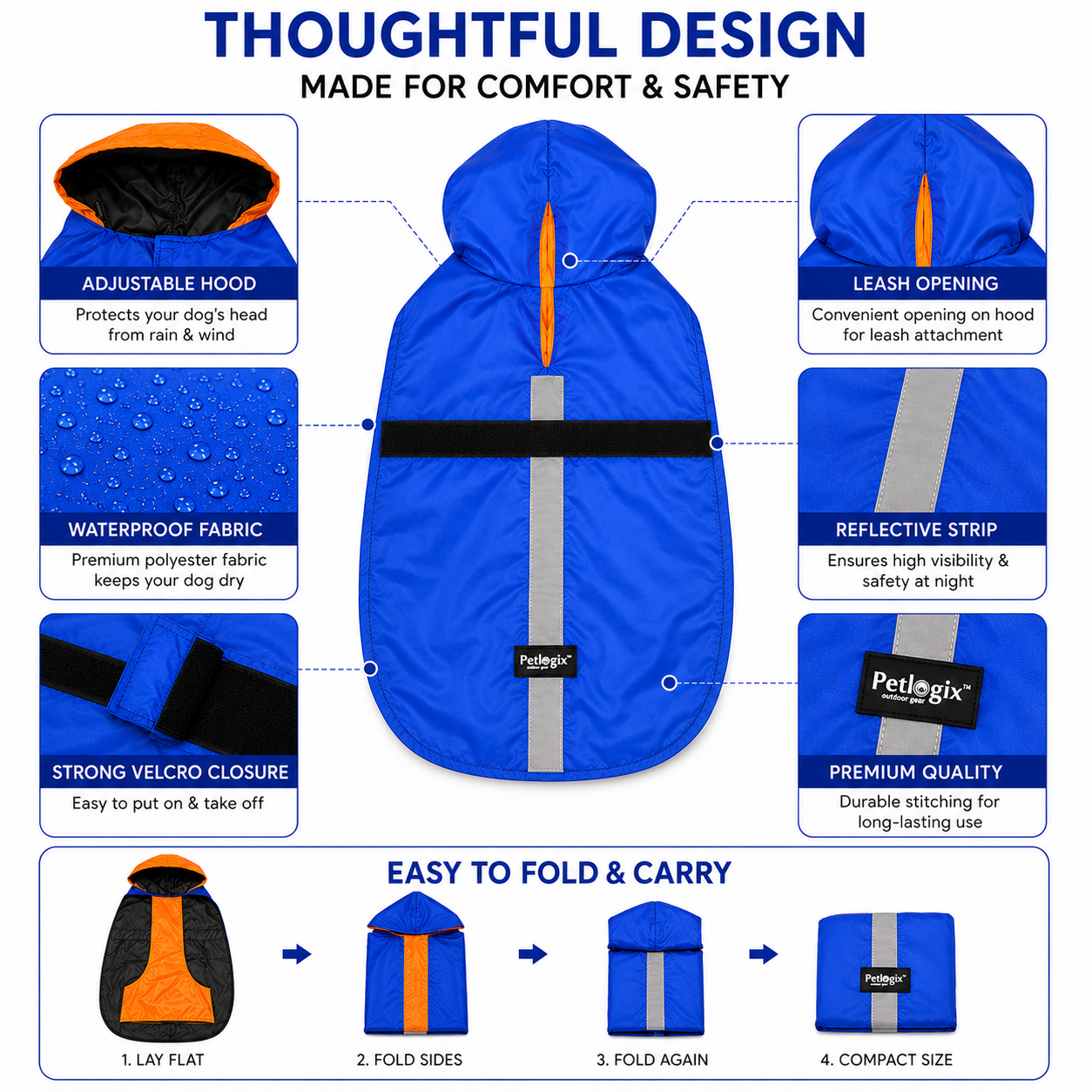 Petlogix Waterproof Dog Raincoat with Hood | Adjustable Belly Strap, Reflective, Lightweight, Windproof