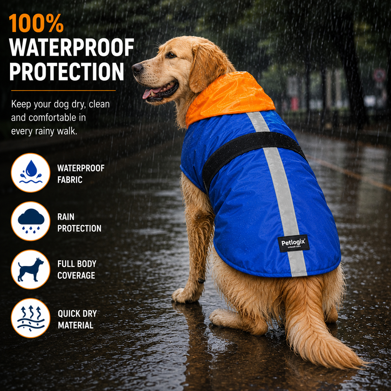 Petlogix Waterproof Dog Raincoat with Hood | Adjustable Belly Strap, Reflective, Lightweight, Windproof