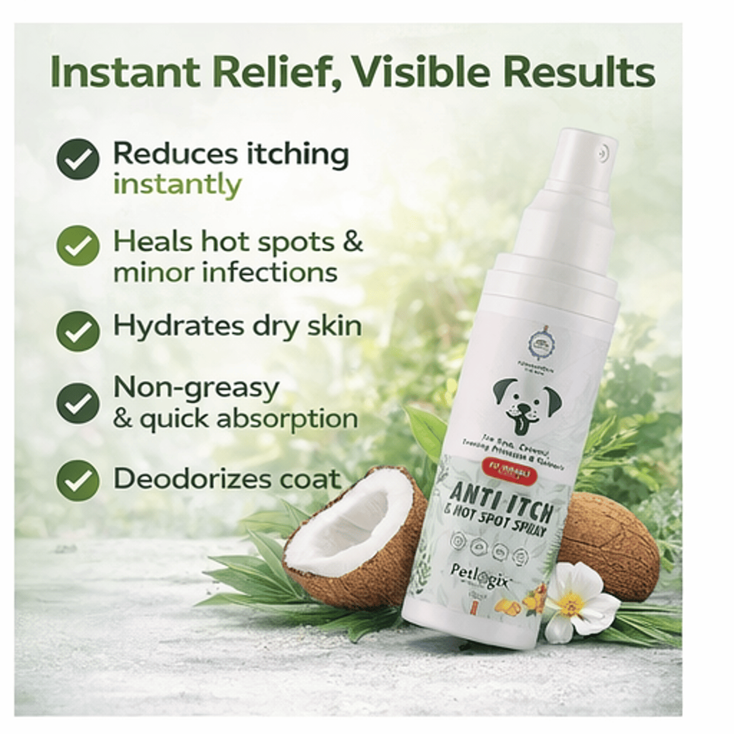Petlogix Anti Itch & Hot Spray for Dogs & Cats, Itch Relief Treatment with Tea Tree, Coconut & Evening Primrose, Relief Skin Irritation Spray