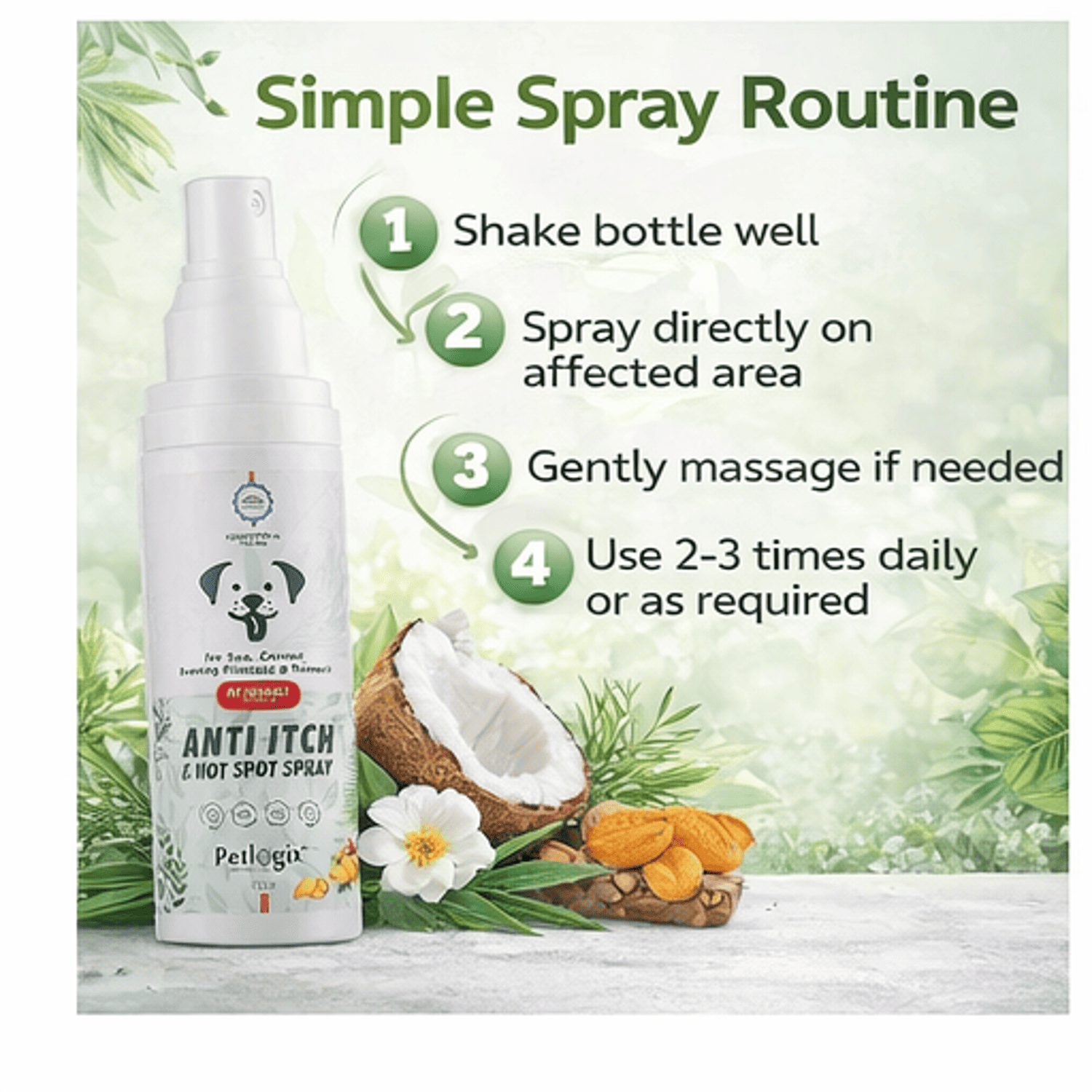 Petlogix Anti Itch & Hot Spray for Dogs & Cats, Itch Relief Treatment with Tea Tree, Coconut & Evening Primrose, Relief Skin Irritation Spray