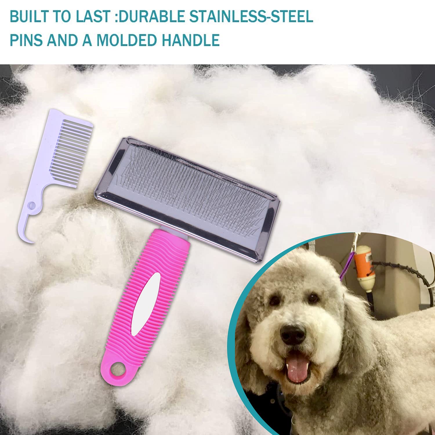 Petlogix Self-Cleaning Slicker Brush & Detangling Comb Pet Grooming & De-Shedding Combo Pack for Dogs & Cats (Random Colors)