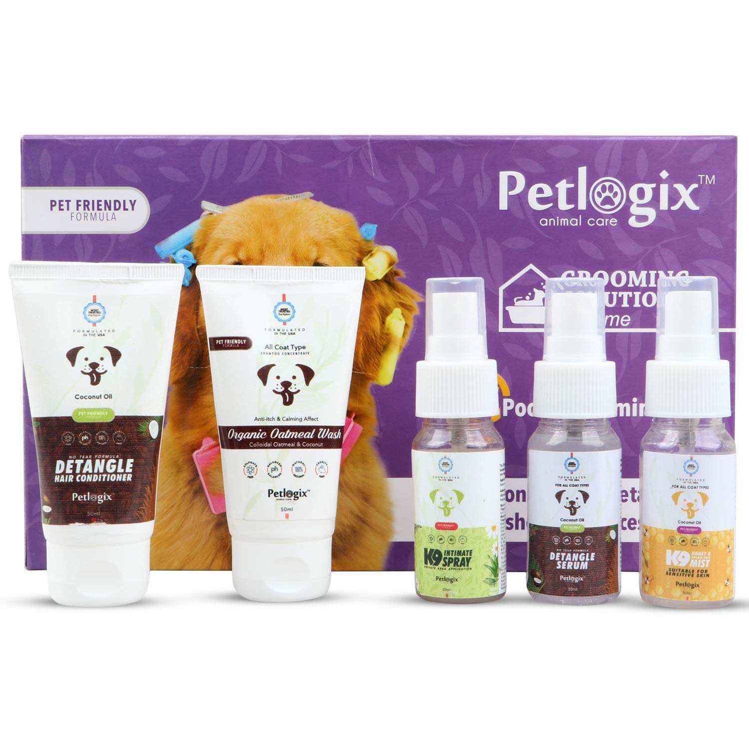 Petlogix Natural 5 in 1 Pooch Grooming Sulphate Free Kit for Pet Dog & Puppy - Cleans, Conditions, Detangles, Desheds & Reduces Odor, 190g